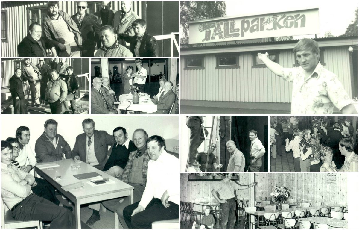 Svartvita bilder från Tallparkens tidiga år: föreningens medlemmar, dans och den gamla skylten